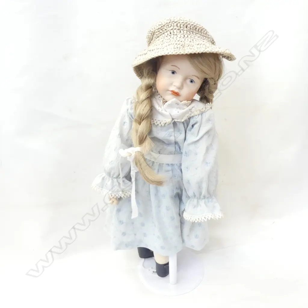SIGNED PORCELAIN DOLL w STAND H. 540MM Image 1++