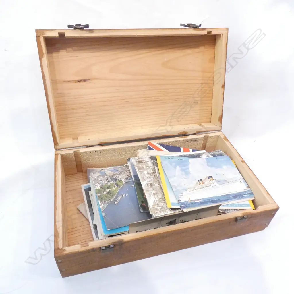 WOODEN BOX OF ASST. POSTCARDS ETC Image 1++