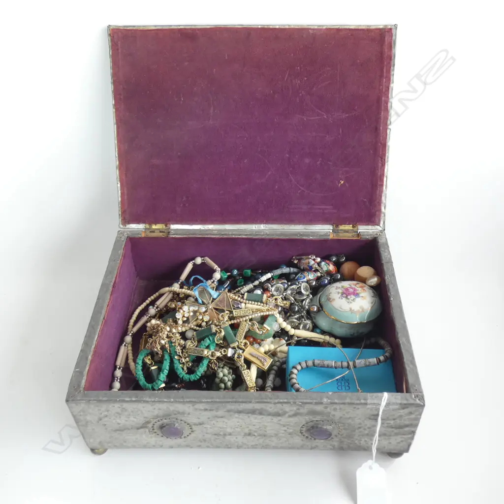 OLD PEWTER BOX ( L 270MM) FULL OF OLD JEWELLERY  ETC. Image 1++