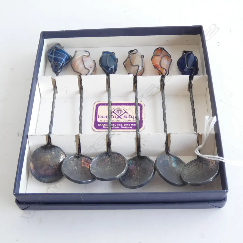 BOX 6 COFFEE SPOONS - OLD COIN BOWL & GEMSTONE HANDLES  Image 1++