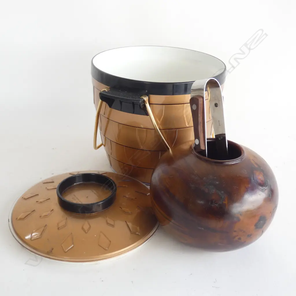 RETRO GOLD & BLACK PLASTIC ICE BUCKET w TONGS  & HAND CARVED SWAMP KAURI WOOD VASE H. 125MM (SIGNED) Image 1++