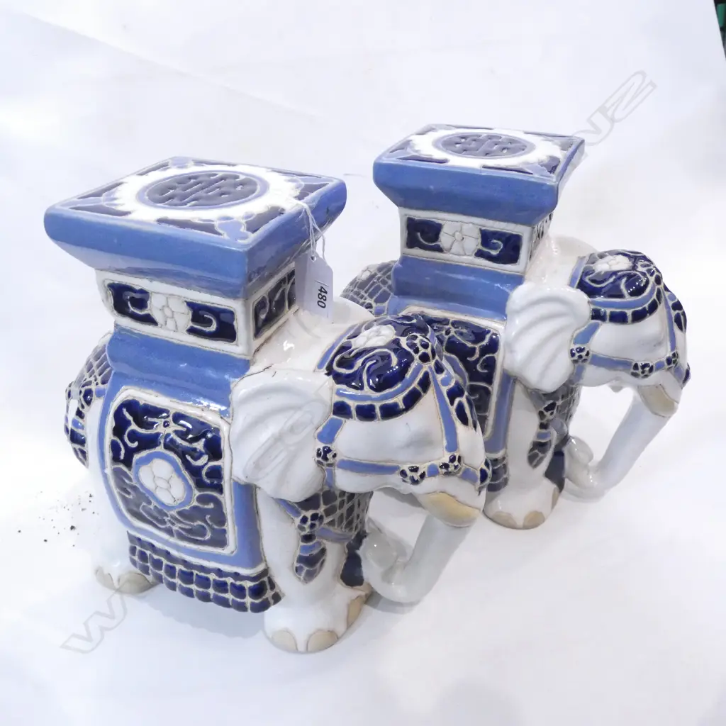 PAIR BLUE & WHITE CERAMIC ELEPHANTS H. 435MM Image 1++