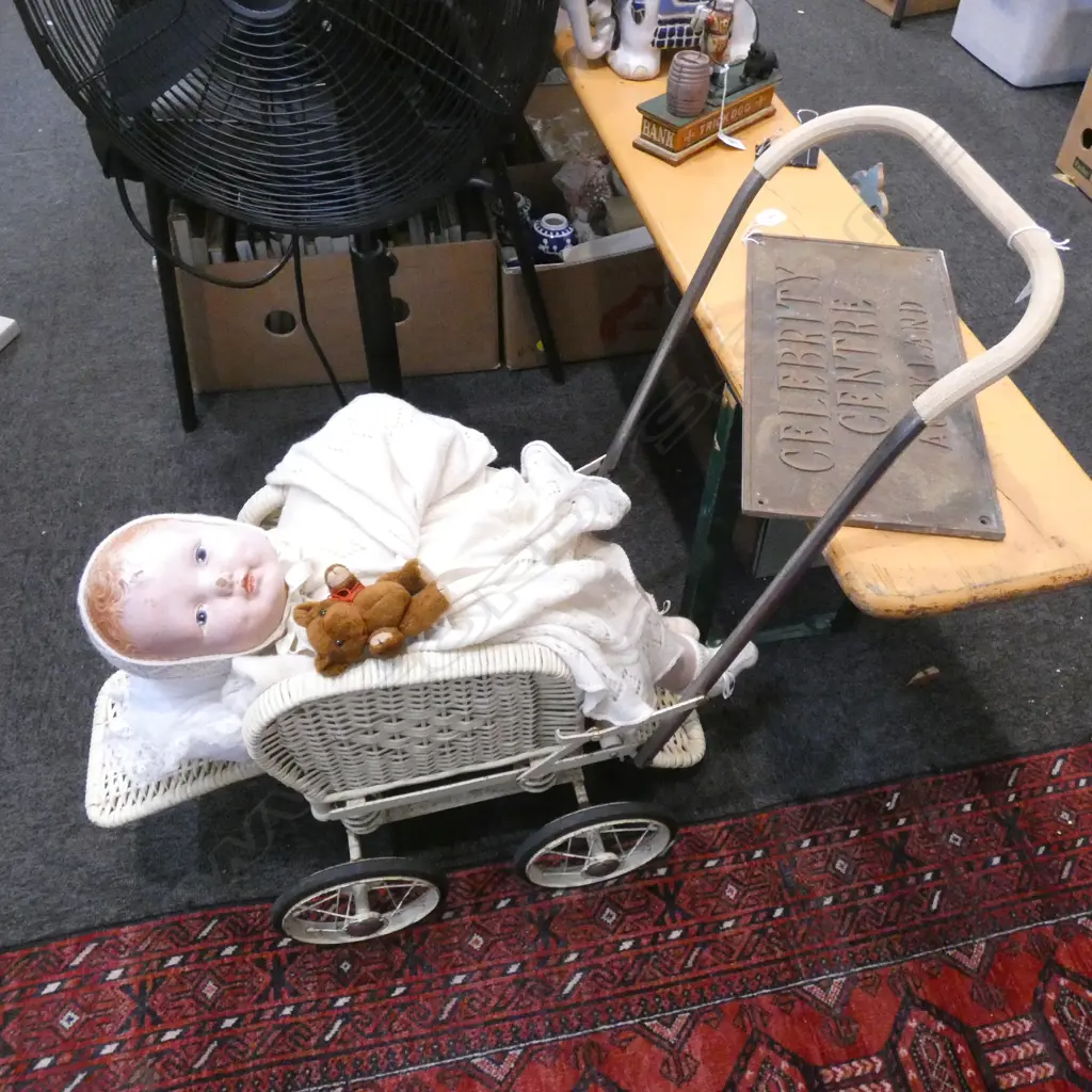 CANE PRAM WITH VINTAGE DOLL Image 1++