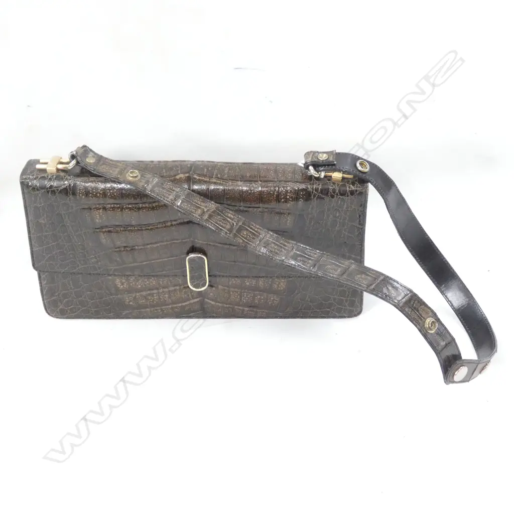 VINTAGE REAL CROCODILE HANDBAG W / SHOULDER STRAP L. 280MM Image 1++