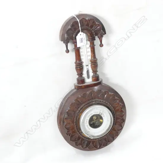 WOODEN CARVED BAROMETER & THERMOMETER - H 165MM