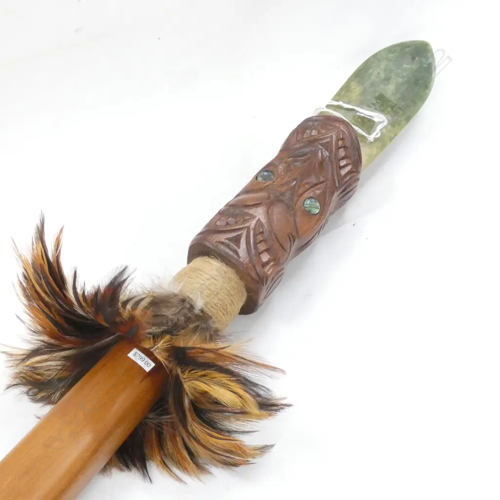 MODERN MAORI TAIAHA KAURI CONSTRUCTION WITH POANAMU BLADE & FEATHER COLLAR 970MM Image 1++
