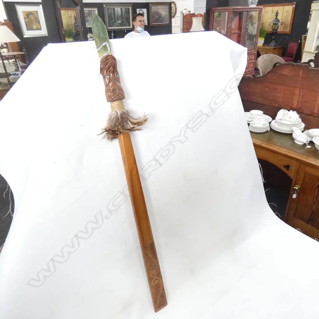 MODERN MAORI TAIAHA KAURI CONSTRUCTION WITH POANAMU BLADE & FEATHER COLLAR 970MM Image 1++