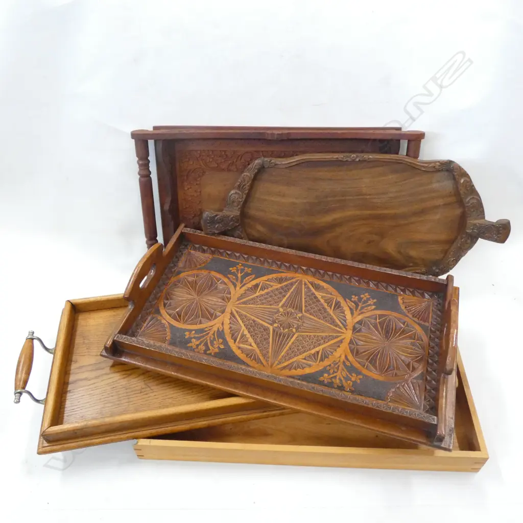 5 WOODEN TRAYS; ONE CHIP CARVED L.535mm Image 1++
