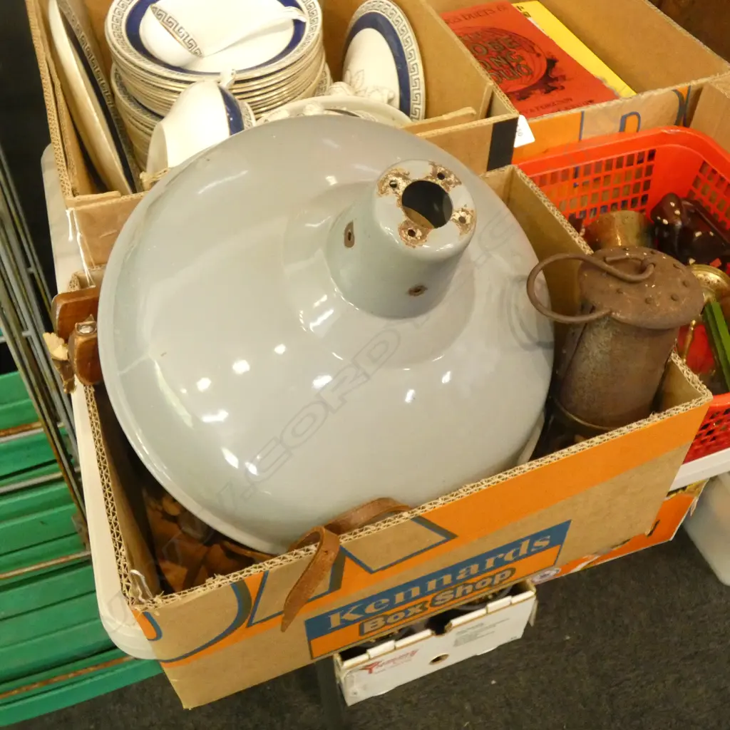 BOX LOT; BED WARMER. REPRO MINERS LAMP. VINTAGE HORN. METAL LAMP SHADE Image 1++