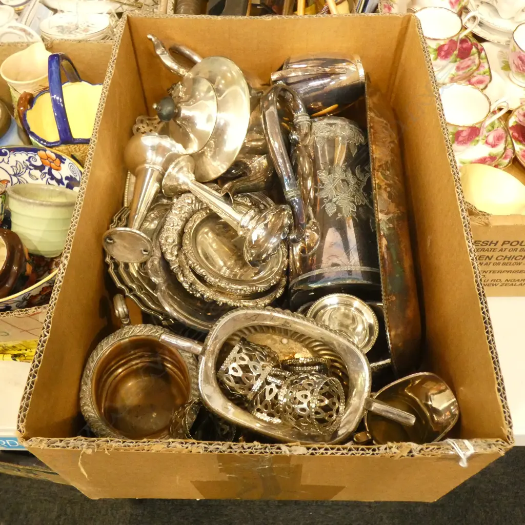LG BOX LOT ASST SILVER PLATE INCL VASES / JUGS/ COFFEE POTS ETC.. Image 1++