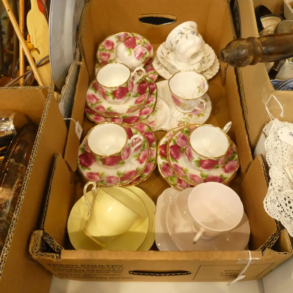 BOX LOT CHINA TRIOS; INCL 5 ROYAL ALBERT OLD ENGLISH ROSES  Image 1++
