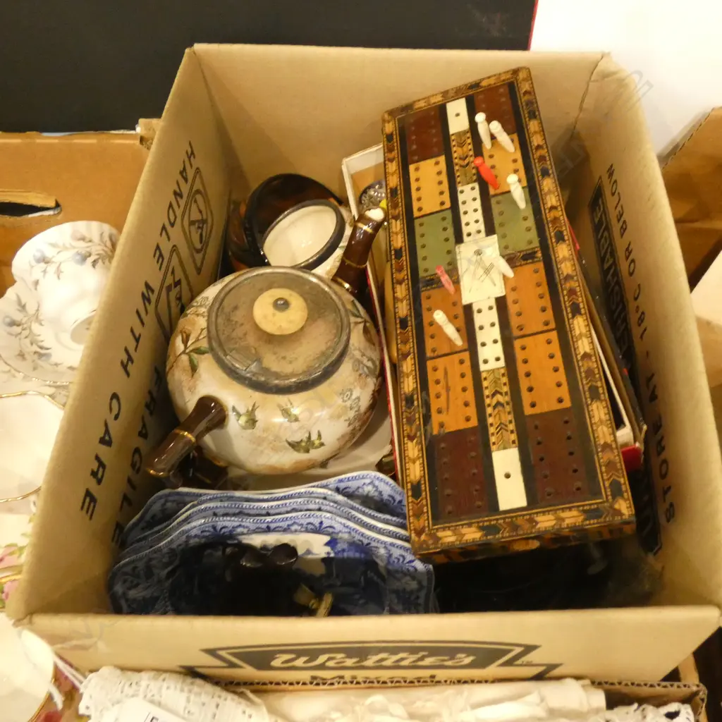 BOX LOT CHINA, CUTLERY, INLAID WOODEN GAME ETC Image 1++