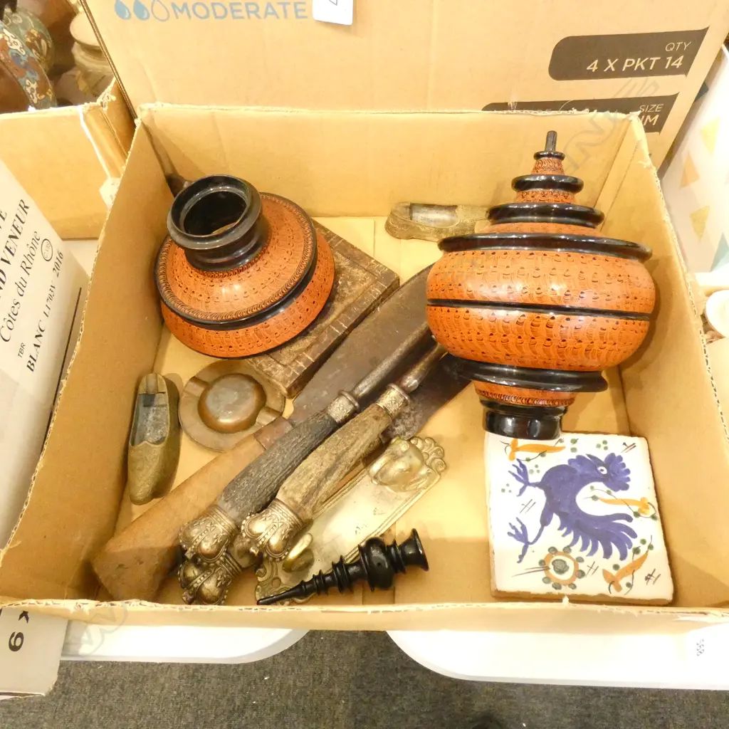 BOX LOT CAMBODIAN LACQUER FINIAL, 3 PCE CARVING SET, SCYTHE ETC Image 1++