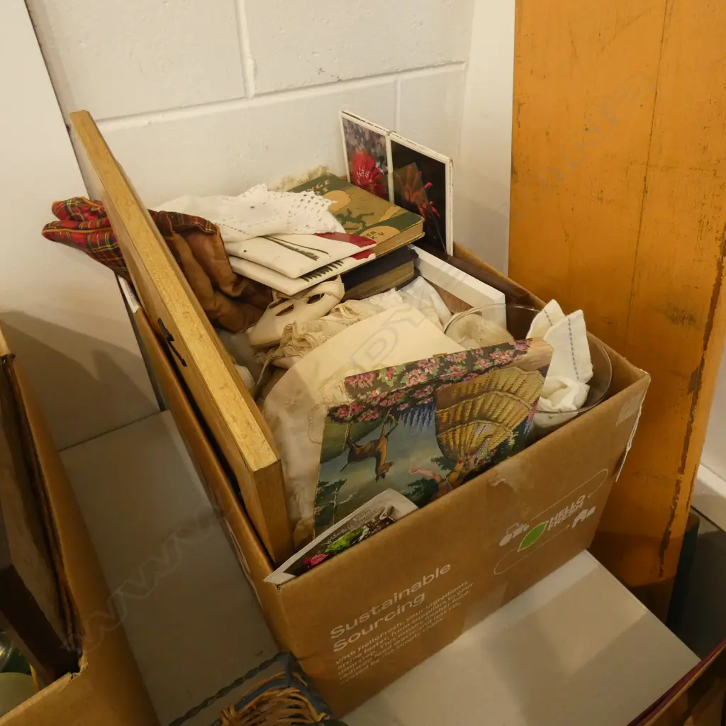 BOX LOT ASST. LACE, CHRISTENING GOWN, CHINA ETC Image 1++