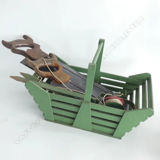 GREEN PAINTED GARDEN TRUG w. 2 TENON SAWS & STRING LINE