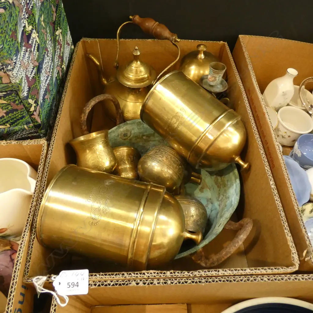 11 BRASS ITEMS TEAPOT LIDDED CONTAINERS. GOBLETS ASHTRAYS. JAM PAN ETC Image 1++