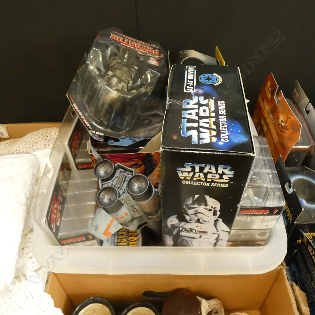 BOX LOT ASST. BOXED TOY FIGURINES; STAR WARS, SIN CITY ETC Image 1++