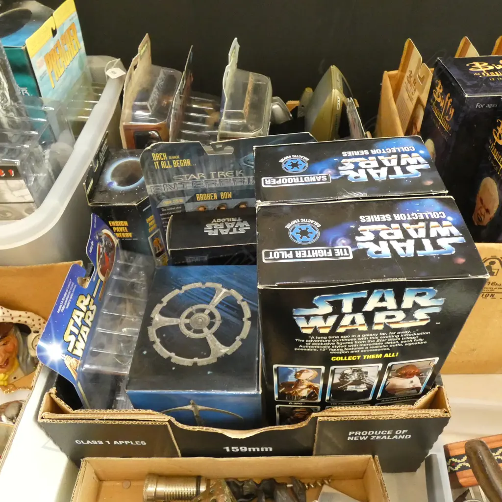 BOX LOT ASST. BOXED TOYS; STAR WARS, STAR TREK ETC Image 1++