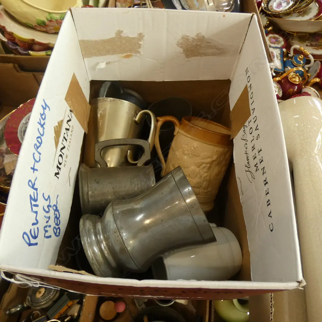 BOX LOT PEWER & CERAMIC MUGS Image 1++