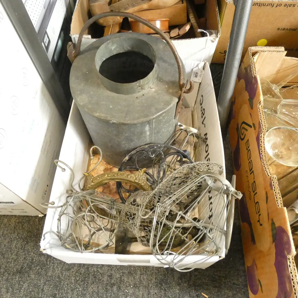 BOX LOT METAL ITEMS INCLS NECKLACE. STAND. TRIVET. CHINESE BRASS FIGURE Image 1++