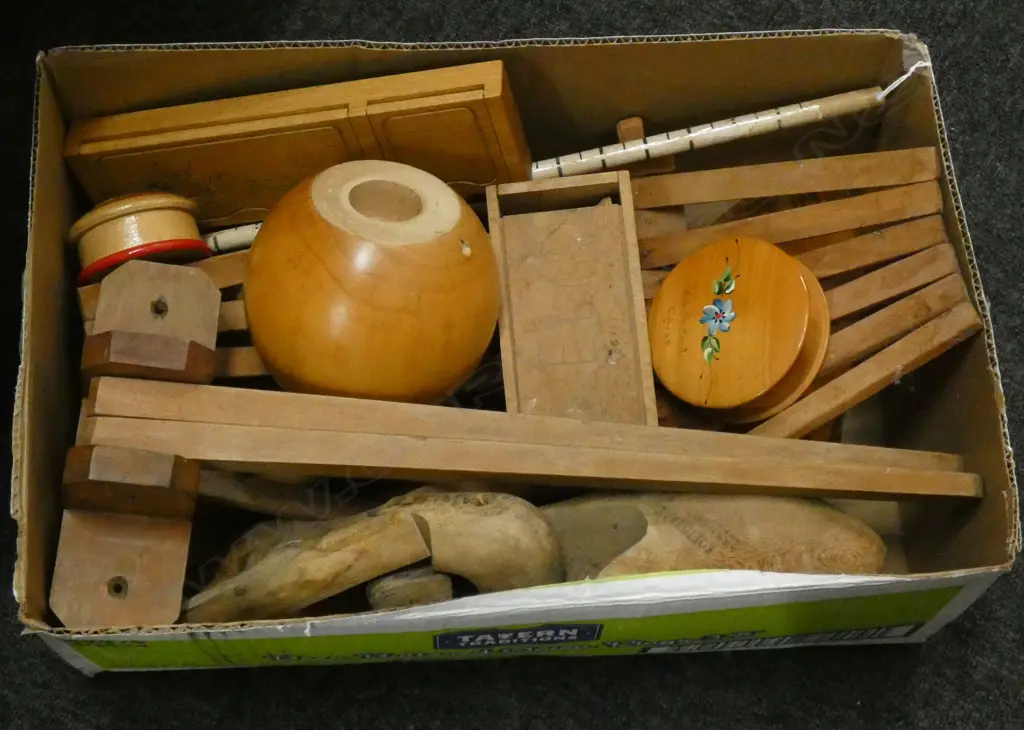 BOX LOT OLD WOODEN PCS INCL SHOE STRETCHERS / FRUIT BOWL ETC.. Image 1++