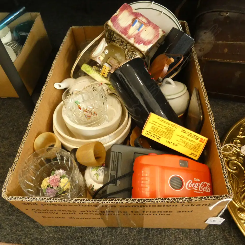 BOX LOT ASST.; CAMERAS, MIXING BOWLS, CRYSTAL ETC Image 1++