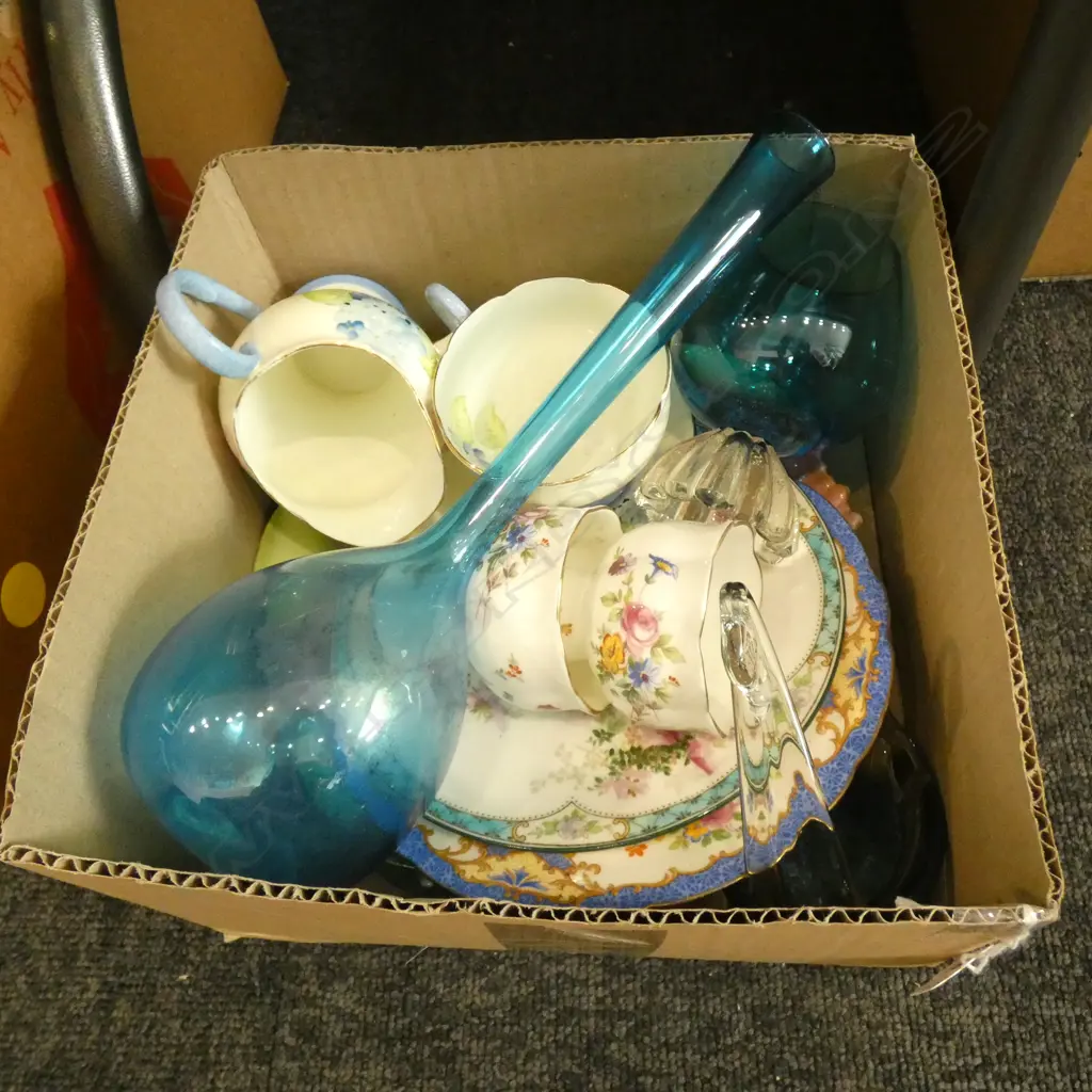 SM BOX LOT ASST QUALITY CHINA & BLUE GLASS; MINTON / ROYAL DOULTON ETC. Image 1++
