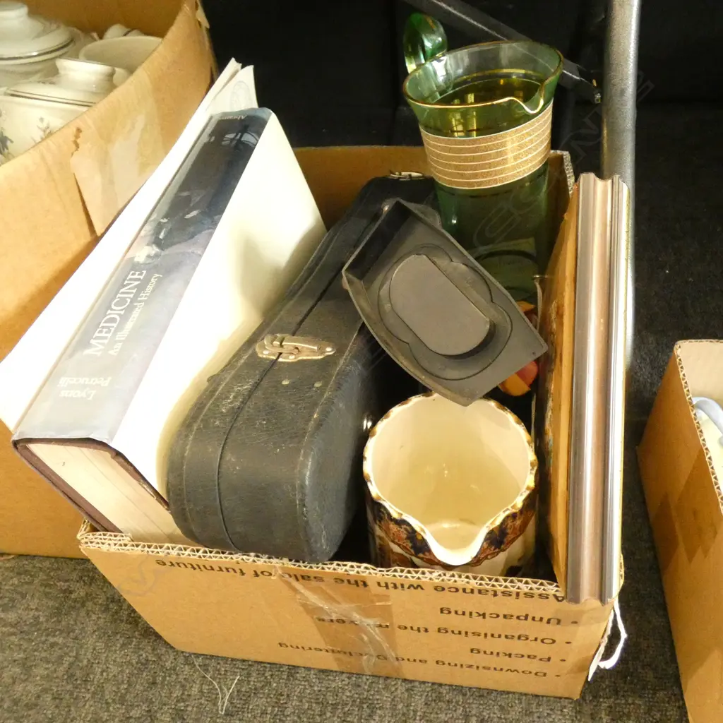 BOX LOT CASED CHILDS VIOLIN, CERAMICS ETC Image 1++