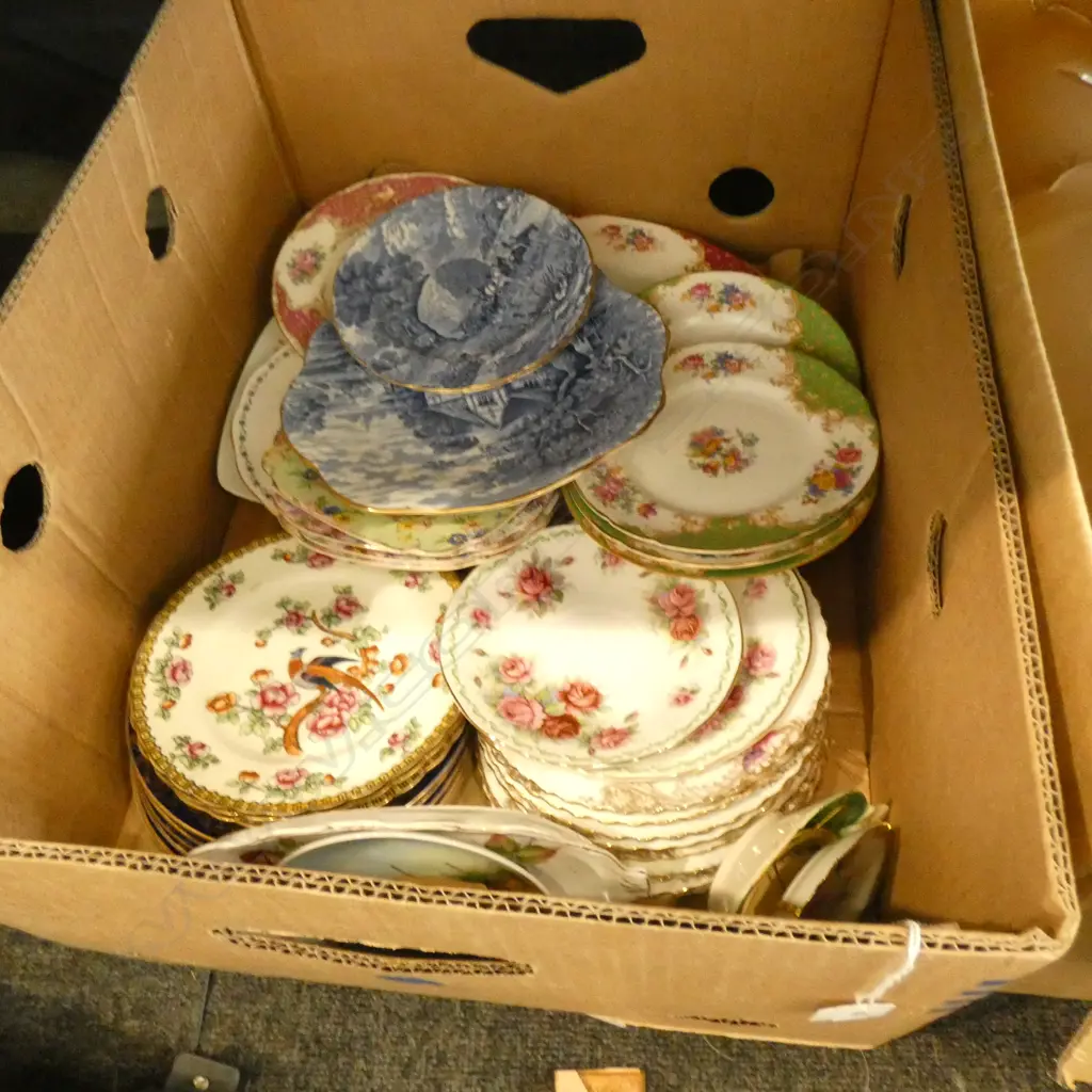 BOX LOT QUALITY ASST PLATES / MOSTLY SIDE PLATES INCL ROYAL ALBERT / PARAGON ETC.. Image 1++
