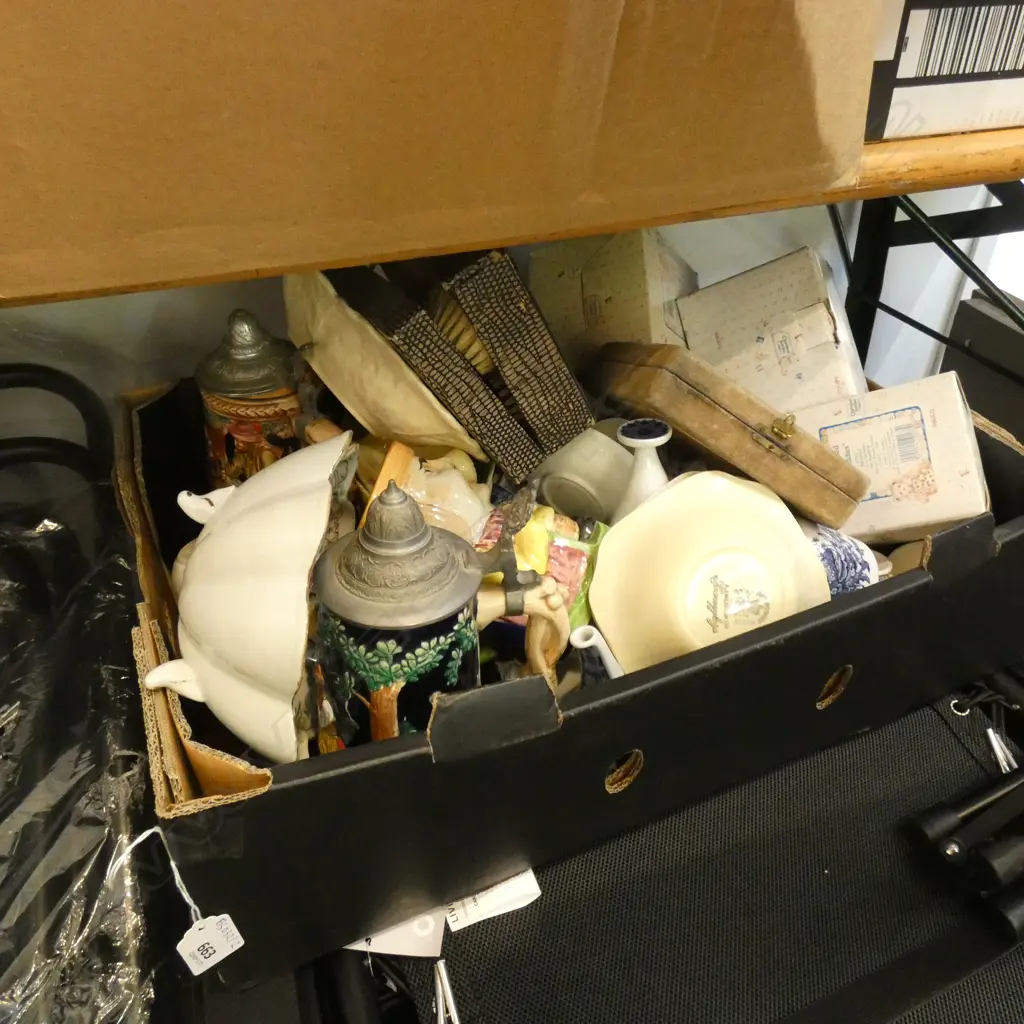 BOX LOT ASST. CHINA, TANKARDS ETC Image 1++