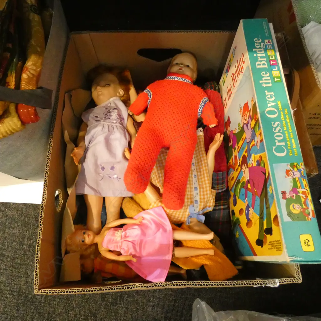 BOX LOT OLD DOLLS & 'OVER THE BRIDGE' GAME IN ORIGINAL BOX  Image 1++