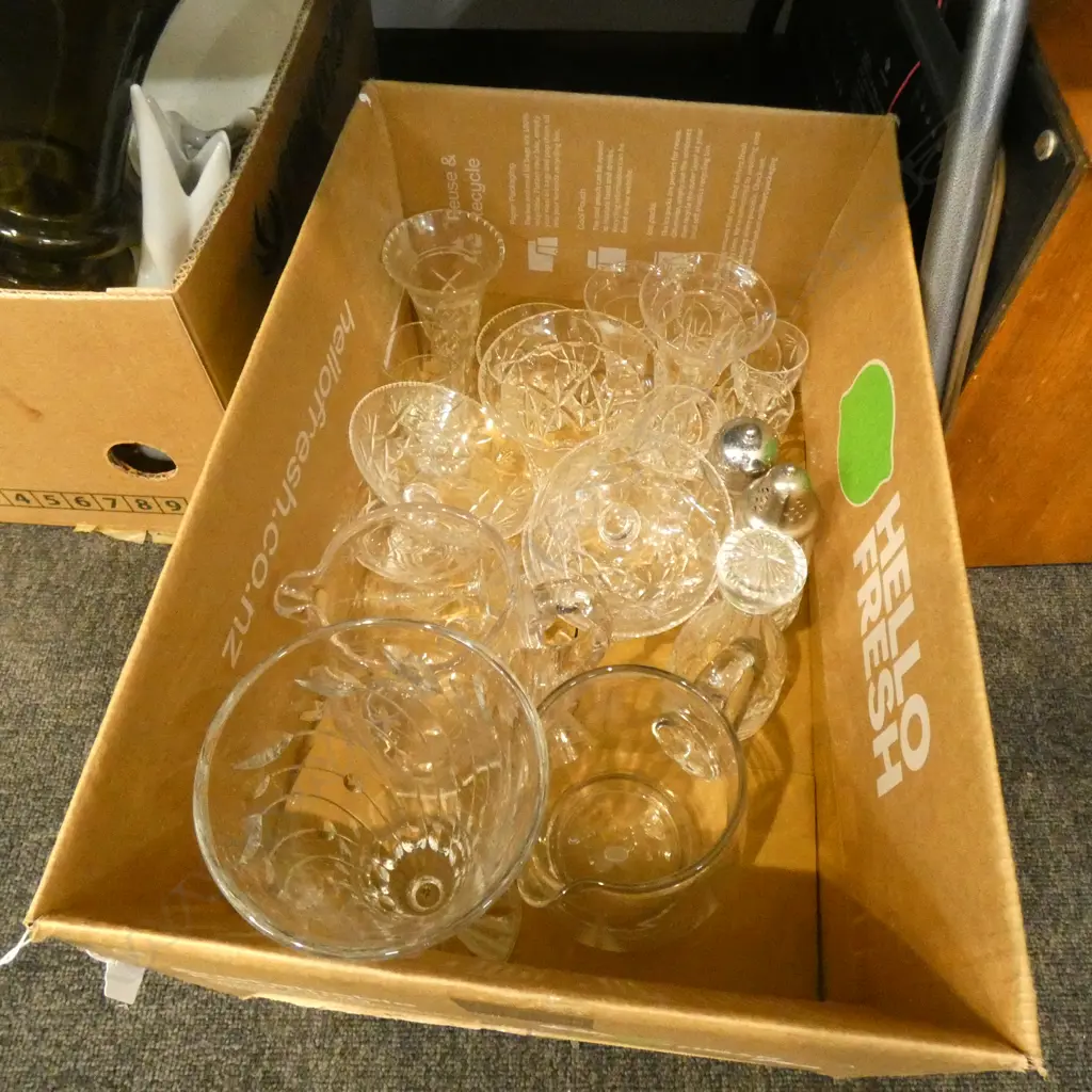 BOX LOT ASST. CRYSTAL; JUGS, VASES, ETC Image 1++