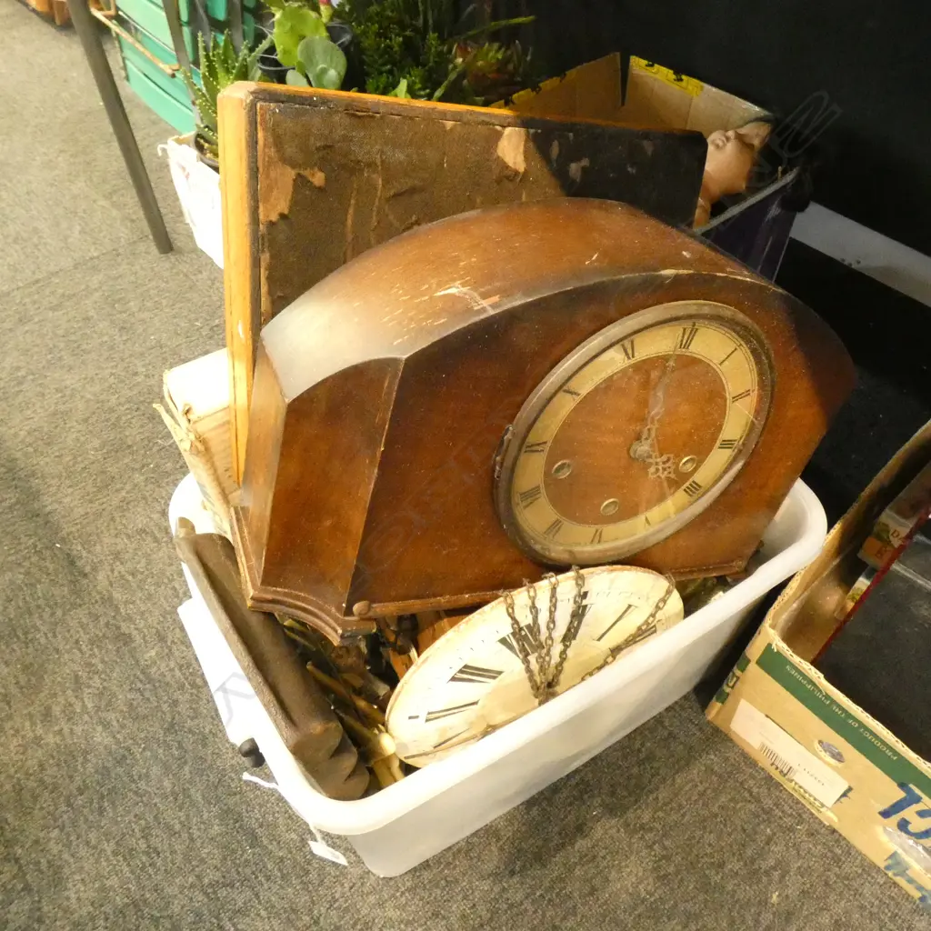 BOX LOT CLOCKS, CASED FISH SET, CASED MICROSCOPE, GEM IRON, MINCER ETC Image 1++