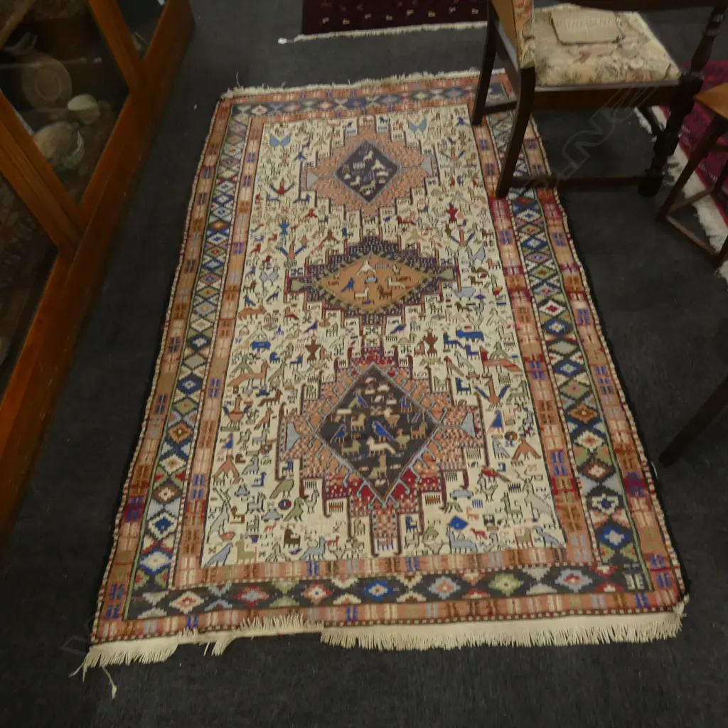 HAND KNOTTED FLAT WEAVE PICTORIAL RUG... Image 1++