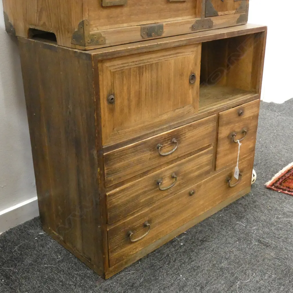 VINTAGE SM JAPANESE WOODEN TANSU CHEST - 5 DRAWER & SLIDING CUPBOARDS 590 X 285 X 515MM Image 1++
