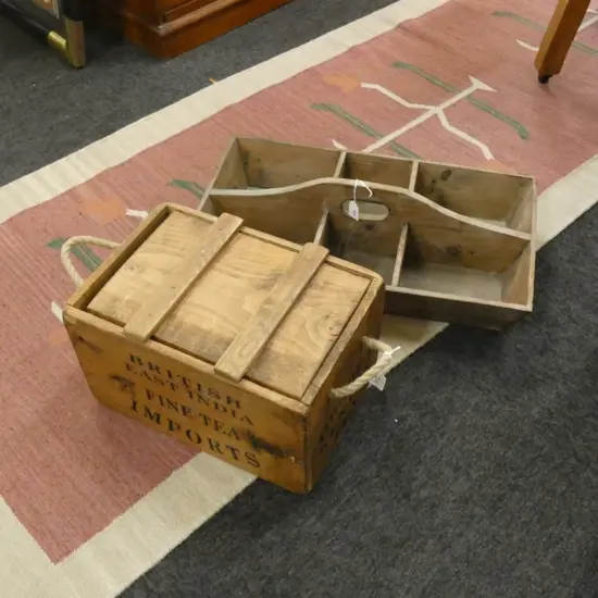 WOODEN TRAY L.570mm + WOODEN TEA BOX w. ROPE HANDLES