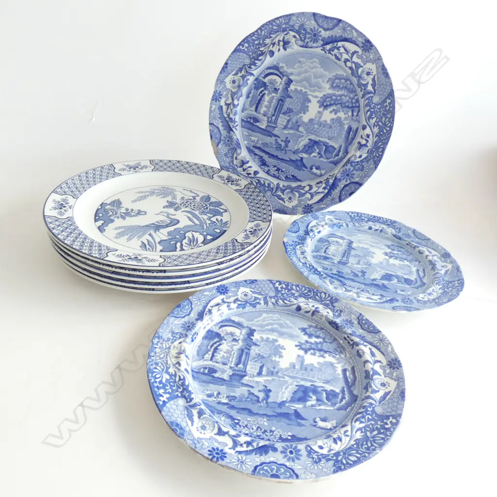 8 B/W PLATES; 5 WOOD & SONS 'YUAN' 255mm dia + 3 OLD SPODE IRONSTONE ITALIAN PATTERN AF Image 1++