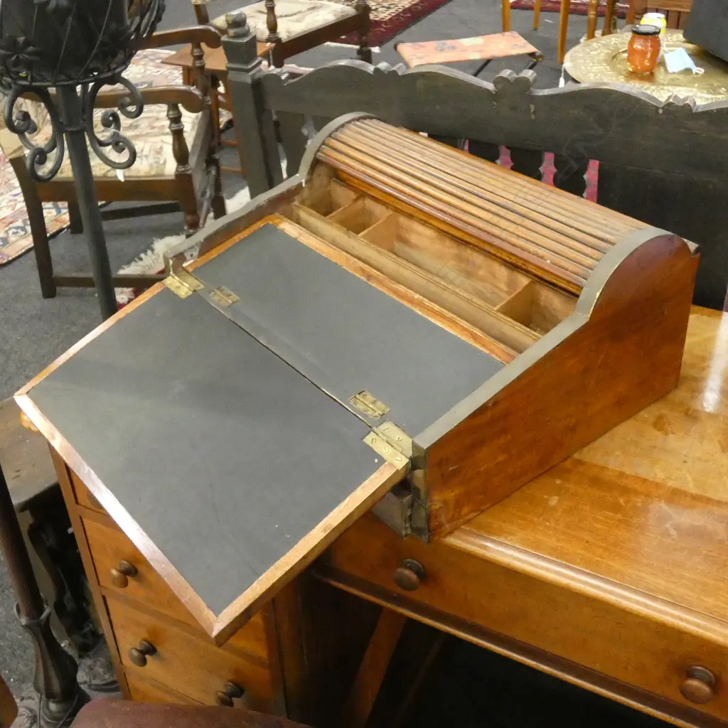 A 19THC MAHOGANY BRASS BOUND TAMBOUR TOP WRITING SLOPE W 460 MM Image 1++
