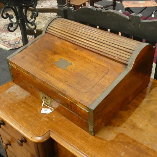 A 19THC MAHOGANY BRASS BOUND TAMBOUR TOP WRITING SLOPE W 460 MM