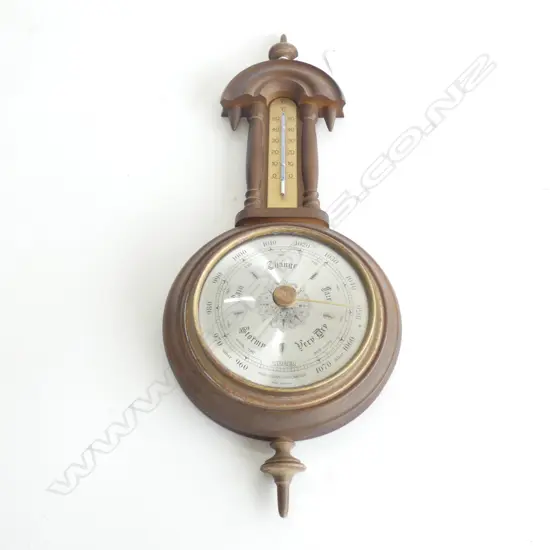 OLD WOODEN BAROMETER & THERMOMETER H. 470MM