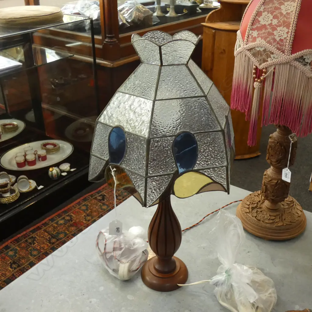 WOODEN SIDE LAMP WITH LEAD LIGHT SHADE H MM  Image 1++
