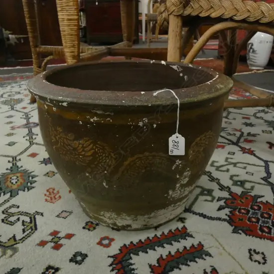 PR PAINTED CHINESE DRAGON POTS ONE w. ECHIUM PLANT 390mm dia 