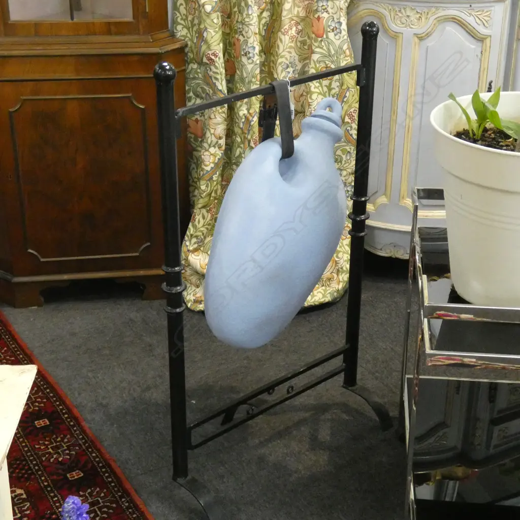 BLUE PAINTED CERAMIC WATER JUG ON BLACK METAL STAND H.1025mm Image 1++