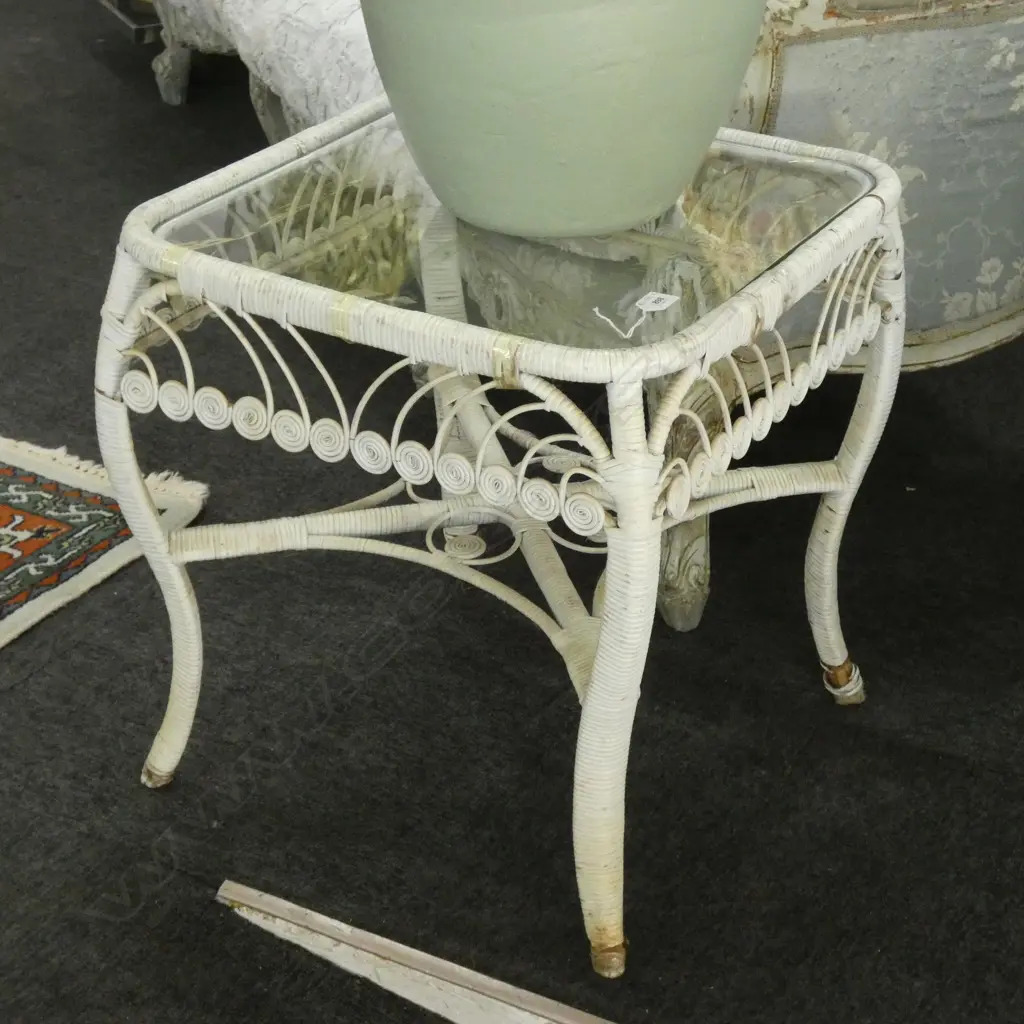 WHITE PAINTED CANE SIDE TABLE GLASS TOP 520mm sq Image 1++
