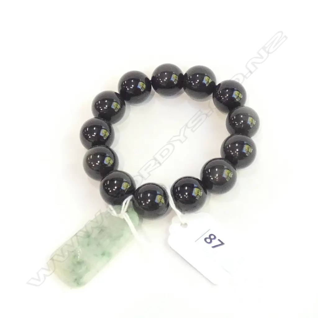 BLACK QUARTZ BEAD BRACELET & JADITE? PENDANT L.42mm Image 1++