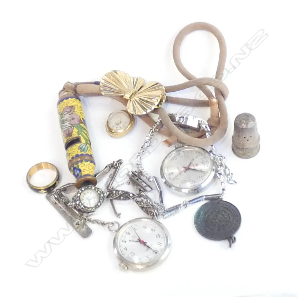 2 MARCASITE WATCHES, 2 NURSES WATCHES, CLOISONNE WHISTLE ETC Image 1++