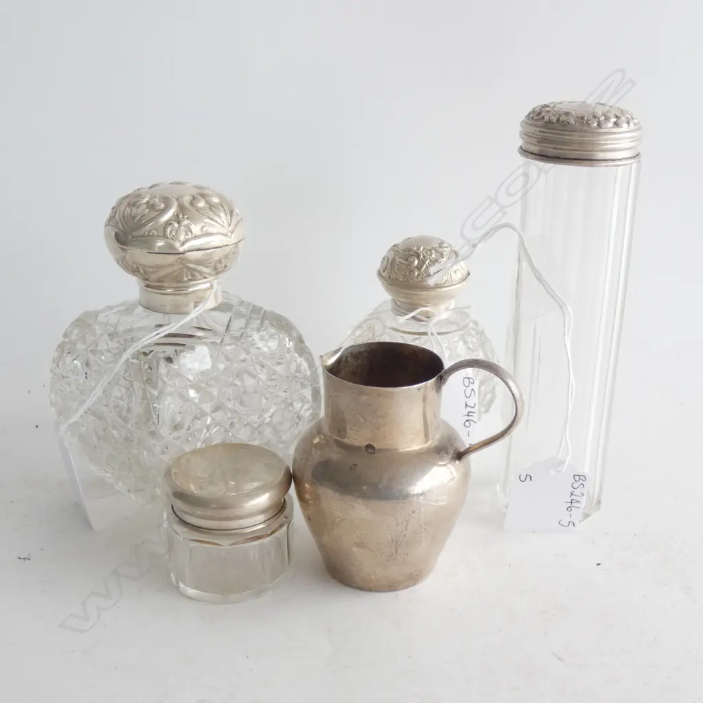 STG SILVER & GLASS DRESSING TABLE JARS INCL 2 SCENT BOTTLES + SM STG MILK JUG H. 75MM Image 1++