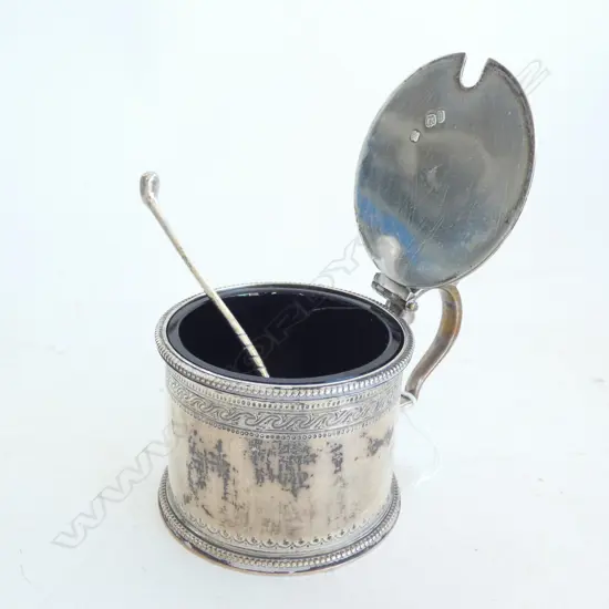 STG SILVER & BLUE GLASS LIDDED JAM OR MUSTARD POT & SPOON LONDON 1868 167GMS