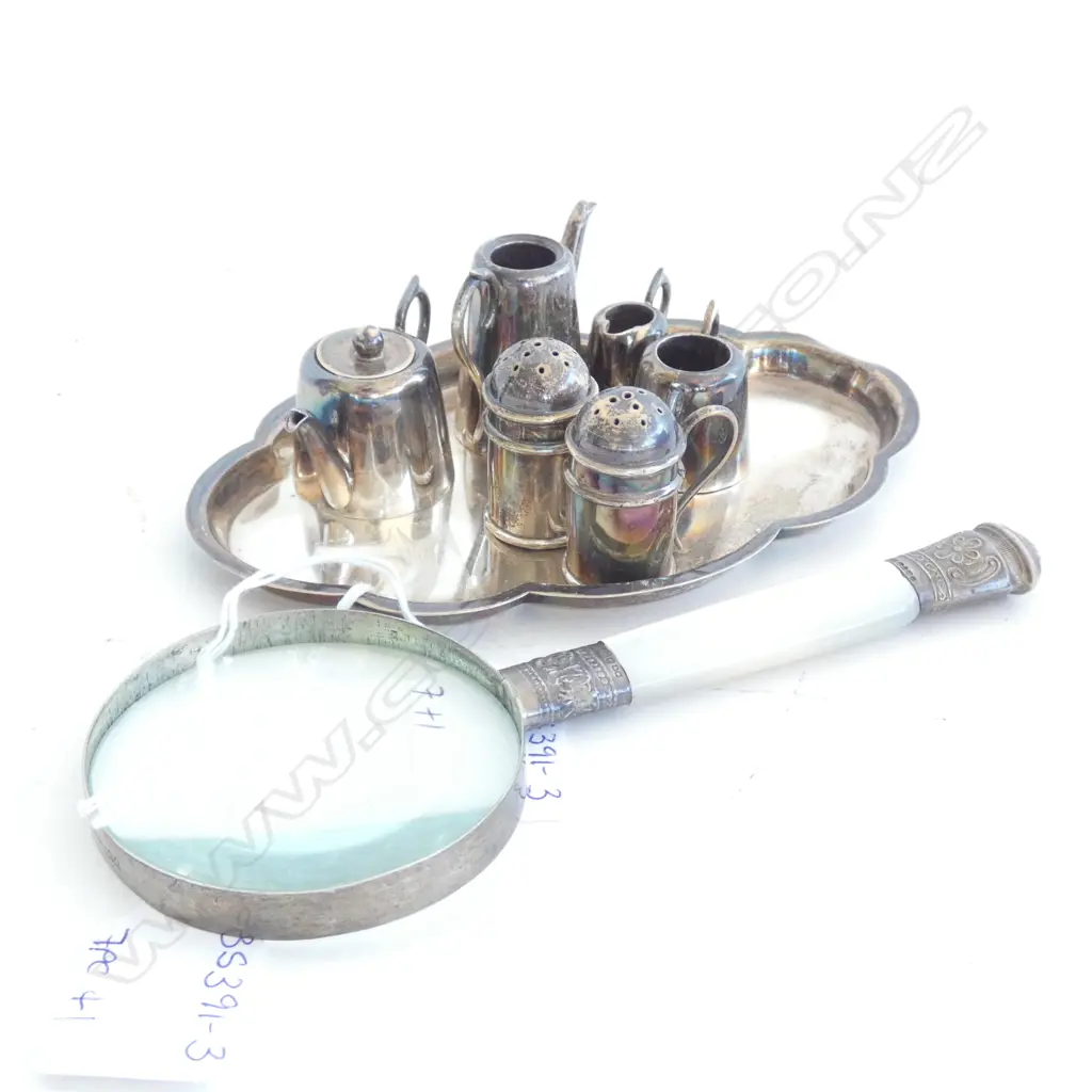 STG SILVER MINIATURE 7PC TEASET SHEFFIELD 1902 107GMS + MOP & STG HANDLE MAGNIFYING GLASS Image 1++