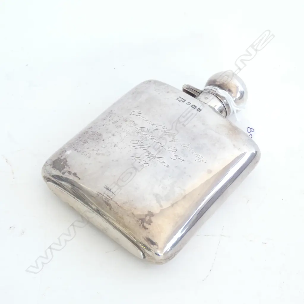 STG SILVER HIP FLASK - ENGRAVED. BIRMINGHAM 1944 128GMS  Image 1++